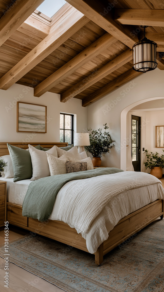 Fototapeta premium Cozy rustic bedroom with exposed beams, plush bedding, and warm natural sunlight. AI generated