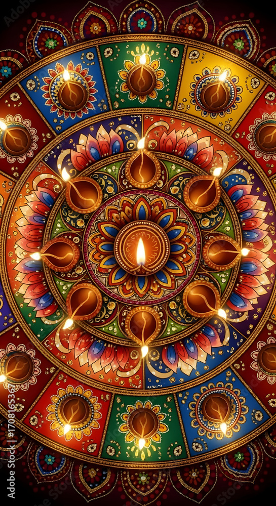 Obraz premium Vibrant Diwali celebration with stunning colorful mandala and glowing oil lamps, perfect for festive greetings and cultural events worldwide
