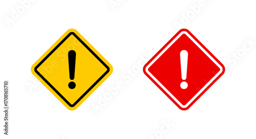 Alert and danger icon in flat design. Exclamation mark in diamond shape sign