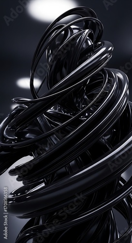 Intricate, dark, and glossy abstract design features swirling, interwoven shapes.