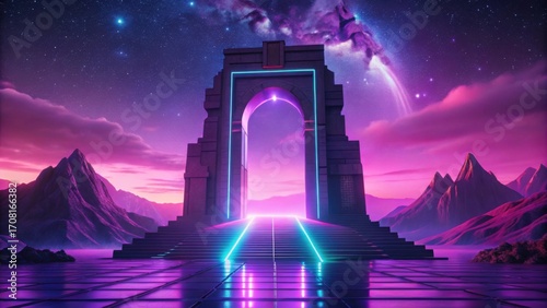 Neon gateway in a retro futuristic landscape with planets and mountains