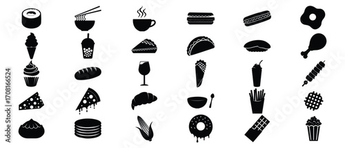 Set of Black and White Food and Drink Icons