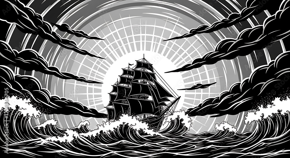 Fototapeta premium A dramatic black and white illustration of a sailing ship battling stormy seas with a radiant sunburst behind it