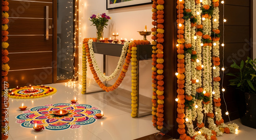 Vibrant Diwali celebration with colorful Rangoli designs and sparkling lights creating a warm, inviting, and festive atmosphere for family gatherings