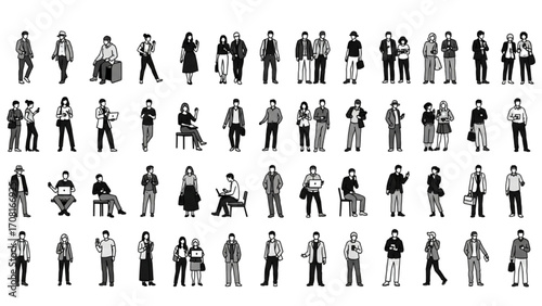 Vector Illustration of Large Collection of Diverse People Silhouettes in Various Poses AI EPS PNG