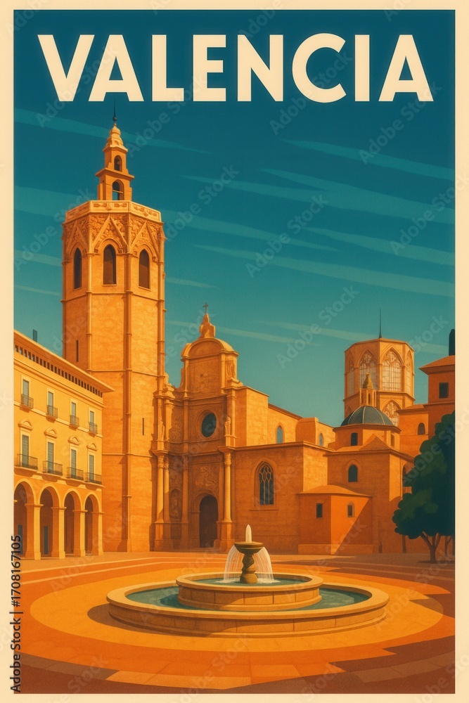 Fototapeta premium Scenic retro-style illustration of a fountain in Plaza de la Virgen facing the baroque entrance and bell tower of Valencia Cathedral in Valencia Spain