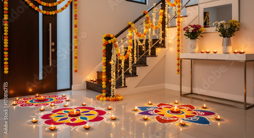 Celebrate Diwali with vibrant rangoli art and warm diya lights, creating a festive and inviting ambiance for family gatherings and cultural traditions