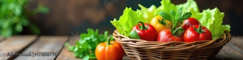 A vibrant assortment of fresh salad ingredients in a rustic woven basket, ready for preparation Perfect for healthy eating and cooking blogs , rosemary, vegetables, basket