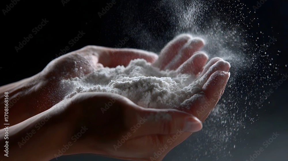 Fototapeta premium Close-up of human hands sifting and spreading flour, a common ingredient used in baking and cooking various food items in a domestic kitchen setting.