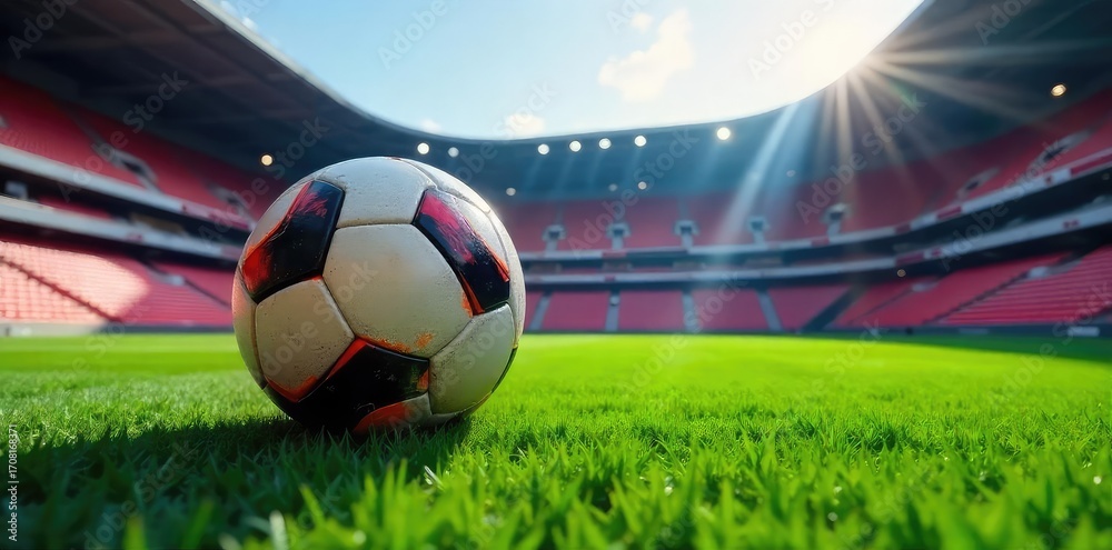Naklejka premium A vibrant soccer ball sits prominently in the center of a large, empty stadium, ready for kickoff The stadium seats are visible, creating a powerful sense of scale and anticipation , game, ready