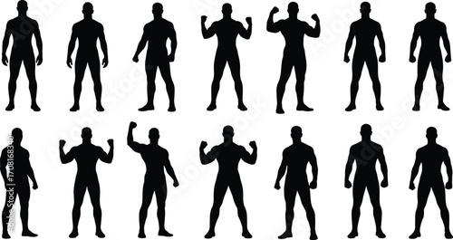 Bodybuilder, silhouettes, male, fitness, poses, flexing, standing, muscular, anatomy, vector, illustration, strength, gym, athlete, workout, physique, posture, black, graphic, design