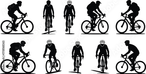 Cyclist silhouette vector set, bike rider illustration, helmet and backpack icons, black bicycle motion graphic, outdoor sports design pack