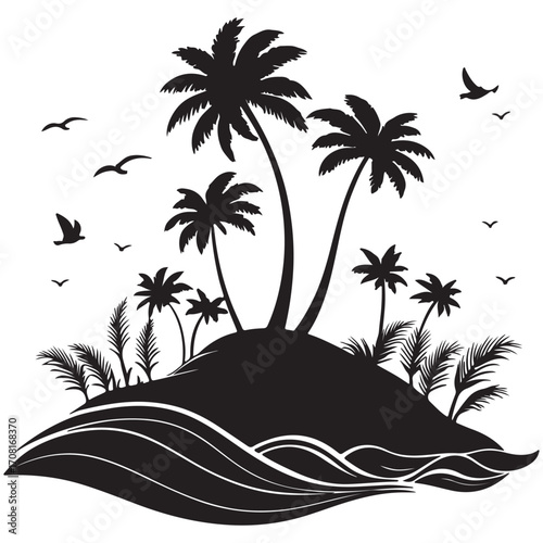 Tropical island with palm trees and birds isolated on white background is a serene and peaceful scene to behold