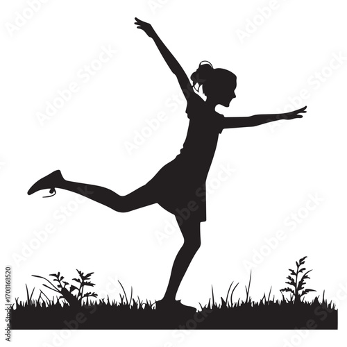 Silhouette of a girl dancing gracefully isolated on white background, expressing freedom and joy in a natural setting