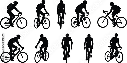 Cyclist silhouettes riding road bikes in motion, front side rear views, helmet posture, sports racing vector illustration for stock content