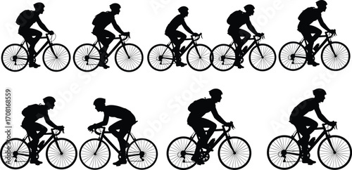 Cyclist Silhouettes with Backpacks in Varied Riding Postures on Road and Flat Handlebar Bikes – Urban Commute and Sports Vector Art
