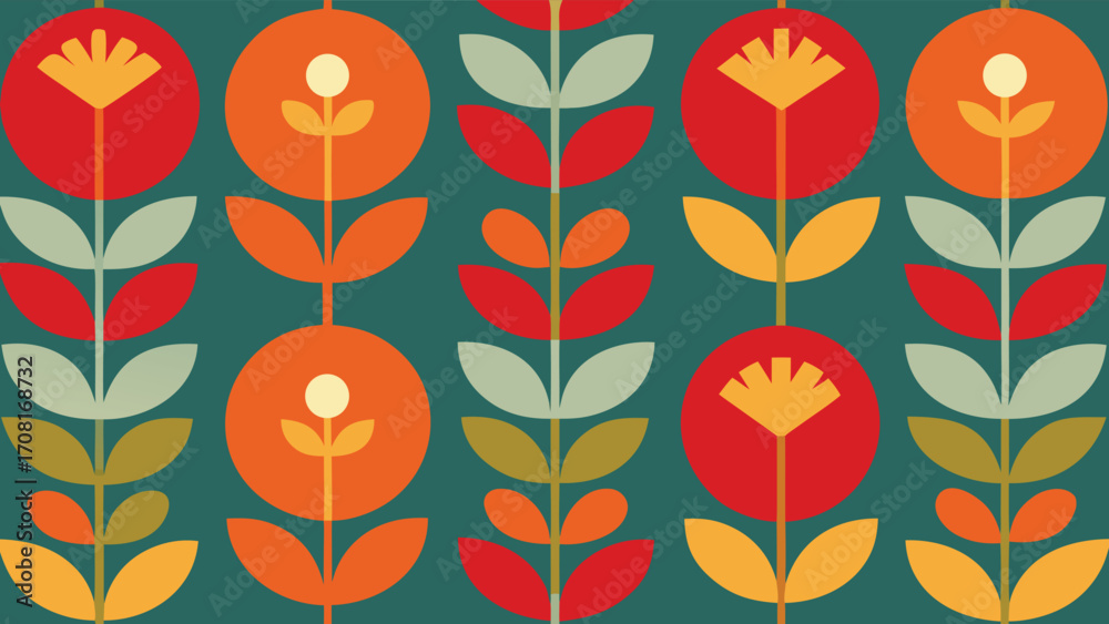 Fototapeta premium Mid- Century Modern Geometric Floral Pattern in Teal Orange and Red mid-century modern retro