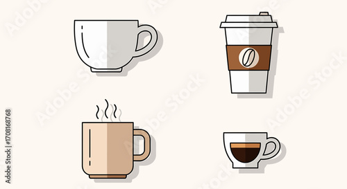 Vector bundle of 4 minimalist coffee cups icons, flat style, clean outline illustrations, modern café drink symbols isolated