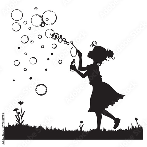 Silhouette of a girl blowing bubbles isolated on white background, capturing a moment of childhood innocence and wonder