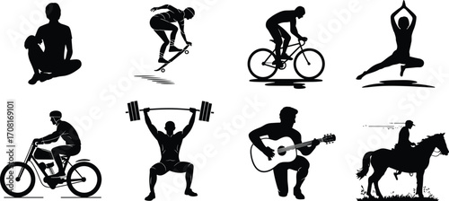 People, silhouettes, activities, sports, yoga, cycling, skateboarding, guitar, horse riding, fitness, meditation, motorcycle, vector, illustration, posture, lifestyle, black, graphic, design, hobby