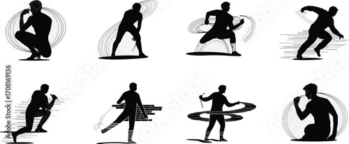 People, silhouettes, dynamic, motion, energy, abstract, vector, illustration, posture, movement, activity, fitness, dance, hula, hoop, graphic, design, black, expressive, shape