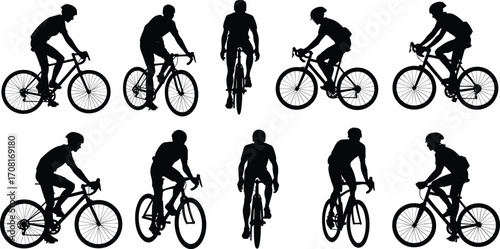 Silhouette cyclists racing on road bikes in various angles, front side rear views, sports motion posture, competitive bicycle vector illustration