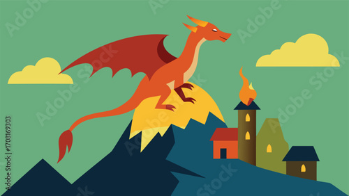 Fantasy dragon perched on mountain peak overlooking castle in stylized vector illustration