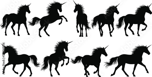 Unicorn silhouette vector set, magical horse illustration, fantasy animal clipart, rearing, trotting, standing unicorn poses, black mythical design pack