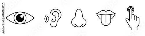 Human senses icon set. Vision eye, smell nose, hearing ear, touch hand, taste mouth with tongue. Simple line icons in black. Five senses of human nervous system.