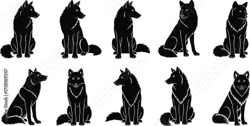 Wolf silhouette vector set, seated pose illustration, black animal clipart, stylized fur design, wild canine artwork, majestic predator pack