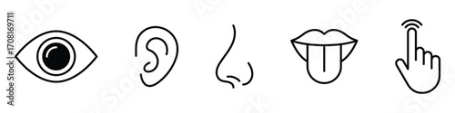 Human senses icon set. Vision eye, smell nose, hearing ear, touch hand, taste mouth with tongue. Simple line icons in black. Five senses of human nervous system.