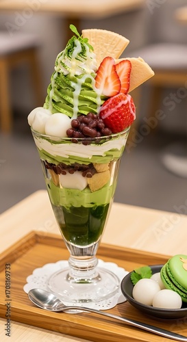 A vibrant layered parfait showcasing matcha ice cream, whipped cream, strawberries, sweet red beans, and mochi, presented in a glass dish.