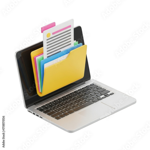 Digital archive management system organizing files and documents on a laptop computer screen interface