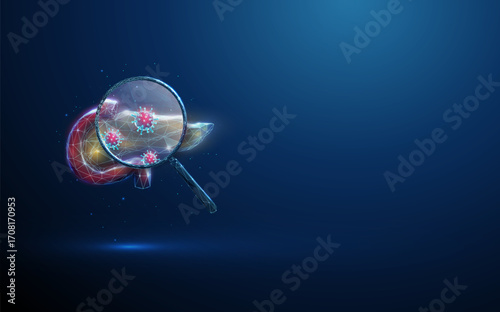 3d blue pancreas with magnifying glass and viruses inside. Viral infection detection, pancreatic disease research, healthcare innovation concept.
