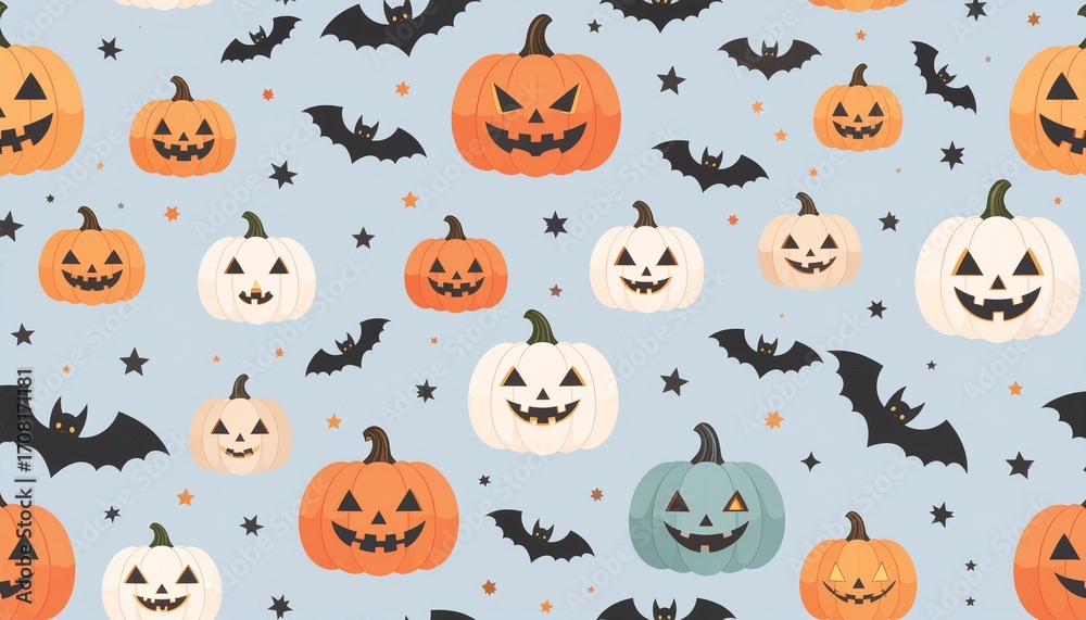 Fototapeta premium Seamless Halloween Pattern with Ghosts, Pumpkins, and Bats