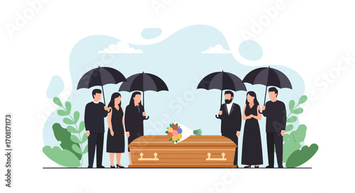 Flat style illustration of mourners in black clothing with umbrellas standing around a coffin decorated with flowers, symbolizing grief, remembrance, and emotional support at a funeral