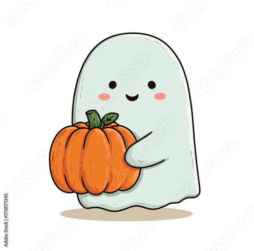 cute ghost holding a pumpkin, simple line art, clipart style, white background, pastel colors, vector illustration