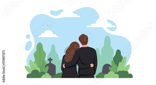 Flat style illustration of a couple embracing while standing in a cemetery, symbolizing grief, remembrance, love, and emotional support during a time of mourning and loss