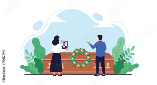 Flat style illustration of grieving people at a funeral, standing beside a coffin with a wreath, holding a framed photo of the deceased, symbolizing loss, remembrance, and mourning
