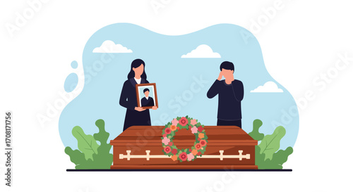 Flat style illustration of grieving people at a funeral, standing beside a coffin with a wreath, holding a framed photo of the deceased, symbolizing loss, remembrance, and mourning