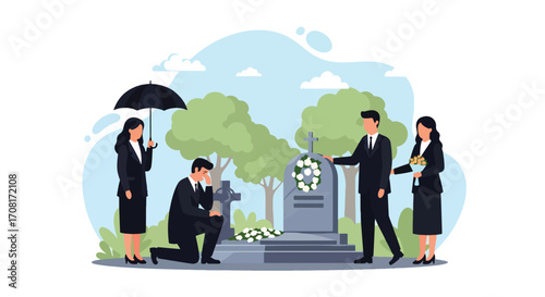 Flat style illustration of a grieving family in black clothing gathered at a cemetery, mourning beside a grave with flowers, symbolizing loss, remembrance, unity, and emotional support