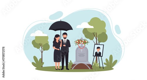 Flat style illustration of a couple in black attire standing under an umbrella at a funeral, mourning at a graveyard with flowers and memorial photo, symbolizing loss and remembrance