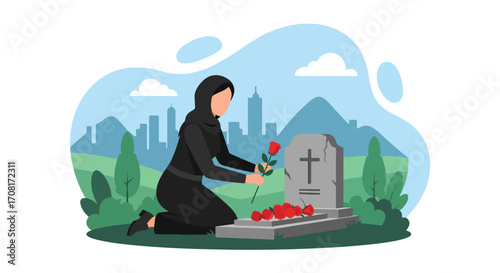 flat style illustration of a grieving woman in hijab placing flowers on a grave in a cemetery, symbolizing mourning, remembrance, loss, and respect for loved ones