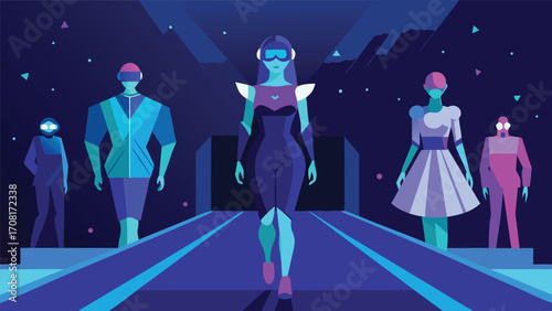 Futuristic holographic fashion show with models displaying advanced svg designs