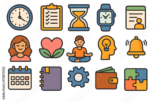 Time management, self care & productivity icon set. Vector icons for personal growth, mental health, business & finance. Work-life balance & organization concept symbols.