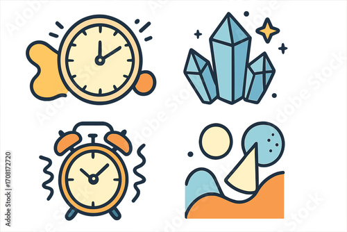 Icon set with clocks, alarm, and crystals. Metaphor for time, deadlines, and precious moments. Abstract landscape with sun and moon. Vector cartoon illustration pack.