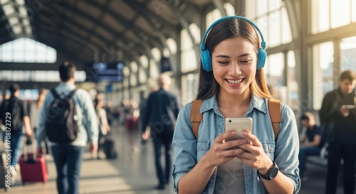 Young Asian woman traveler with backpack and headphones using smartphone at train station checking travel apps online checking timetable smiling happy lifestyle travel and transportation concept