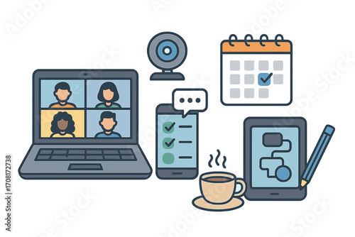 Virtual meeting and online collaboration icons. Remote work business communication concept. Digital technology for project planning, scheduling, and workflow management vector set.