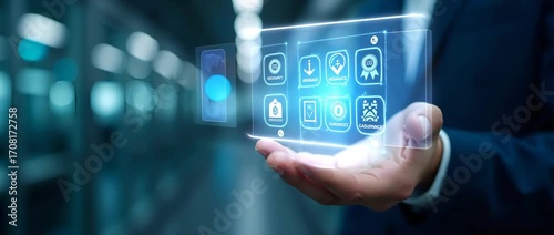 Hand holding holographic quality control certification device showing assurance guarantee icons for automation process in empty space concept as Hand holds holographic quality control certification de