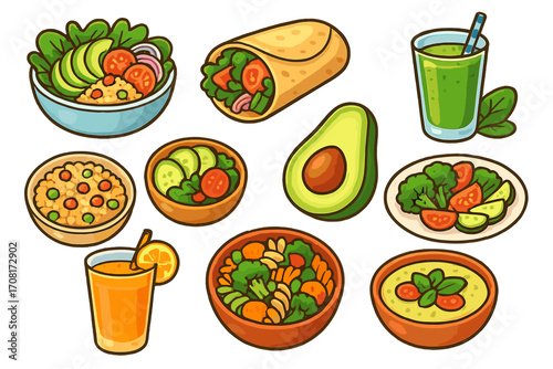 Healthy food icon set. Vegan and vegetarian meal collection. Cartoon vector illustration of fresh salads, wraps, smoothies, and soups. Organic diet and clean eating nutrition concept.